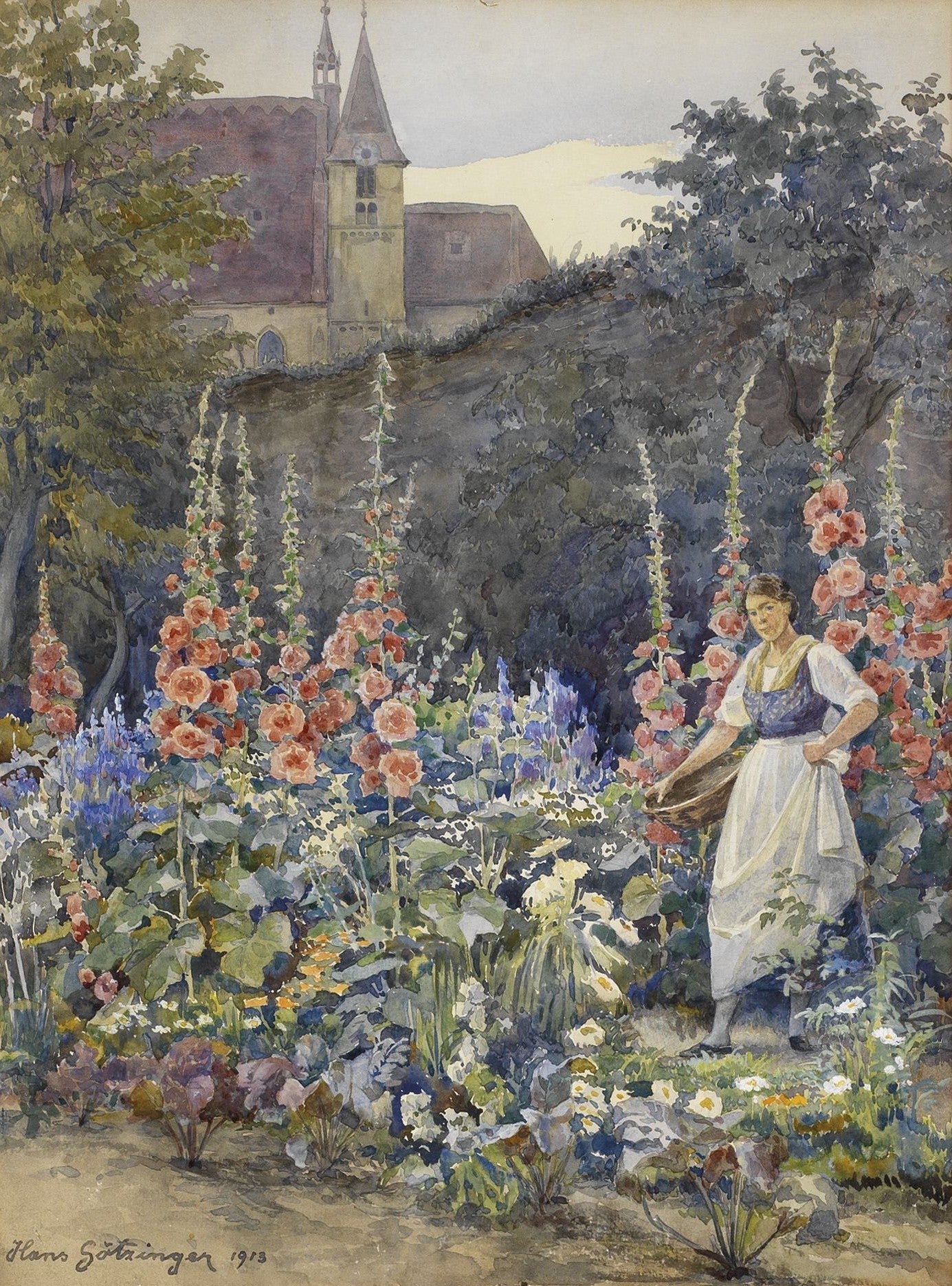 Landscape Oil Painting - Garden, Hollyhocks, Woman & Background Church - Oil Painting Haven