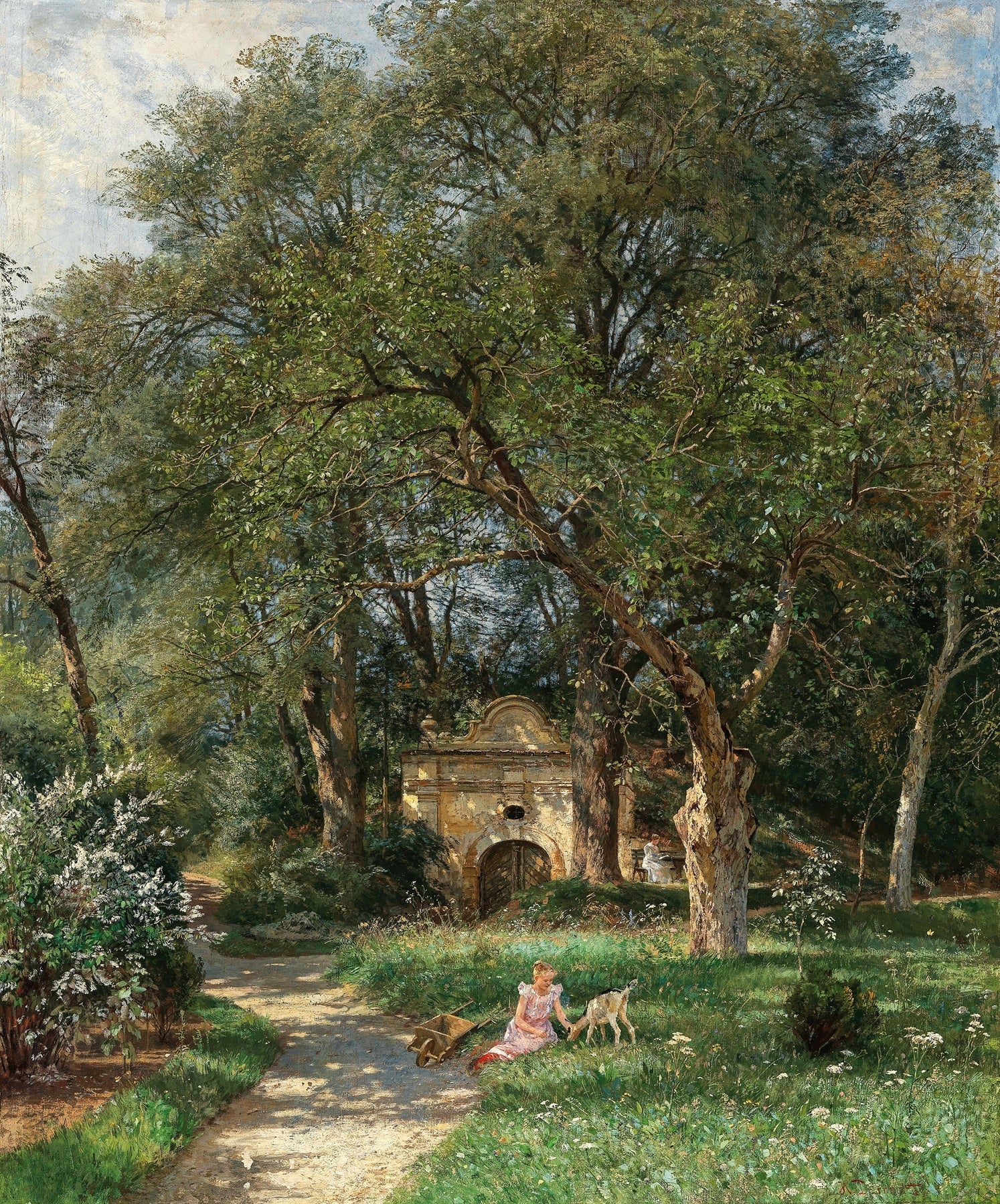 Hand-painted garden path, old gate and spring meadow landscape oil painting on canvas