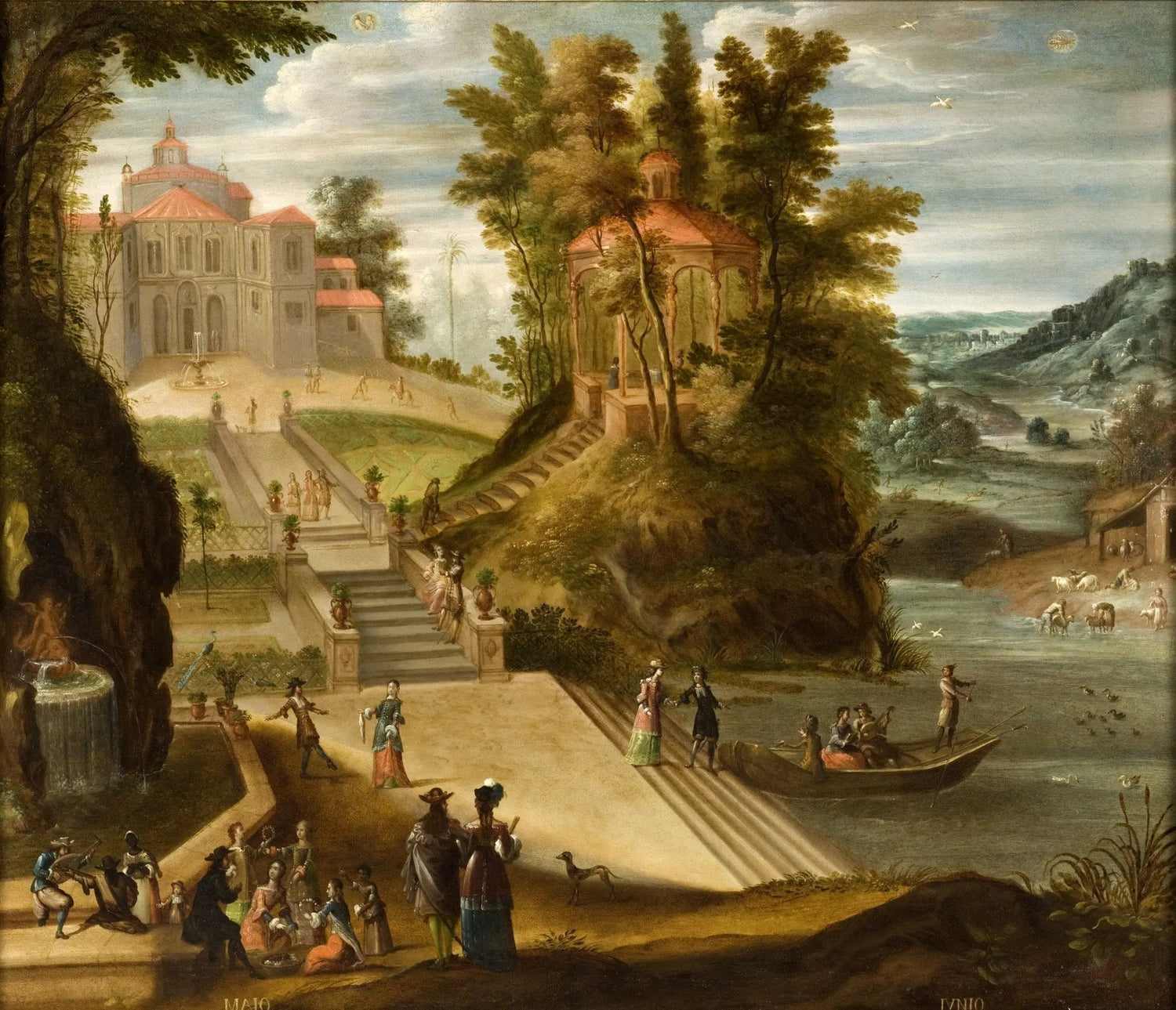 Landscape oil painting on canvas depicting a garden scene with figures, pavilion, and river, featuring textured brushwork. - Add Frame, Boat, Canvas, Figure, Garden, Hand Painted, Landscape, Made To Order, Oil Painting, River