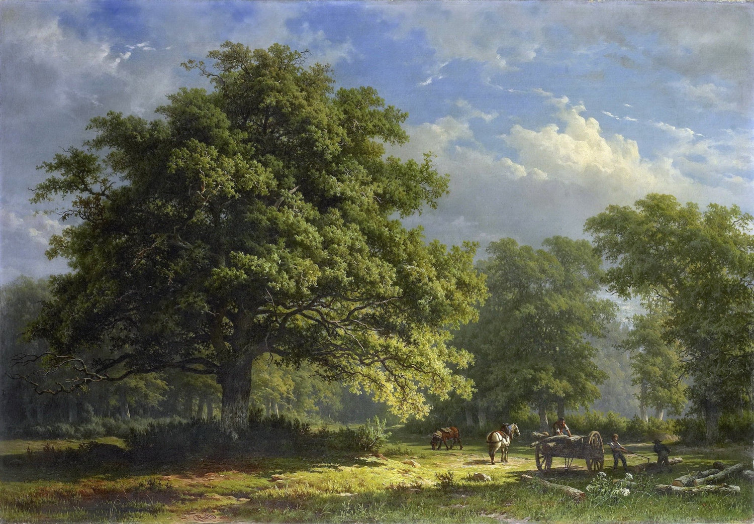 Landscape Oil Painting - giant oak tree forest with farm wagon & workers - Oil Painting Haven