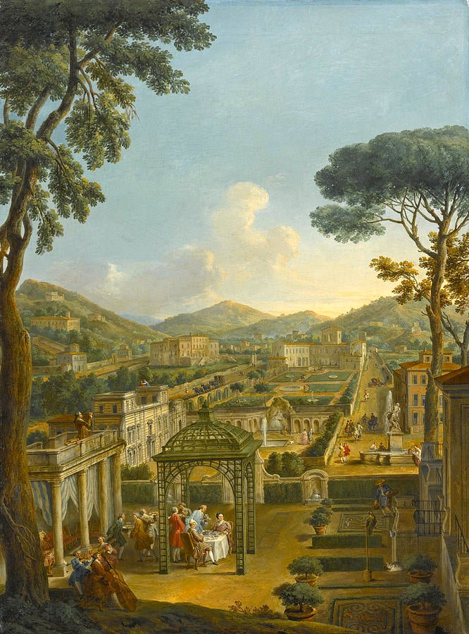 Hand painted landscape oil painting on canvas featuring a grand garden with architectural buildings, figures, and distant. - Add Frame, Architecture, Canvas, Figure, Forest, Garden, Hand Painted, Landscape, Made To Order, Mountain, Oil Painting