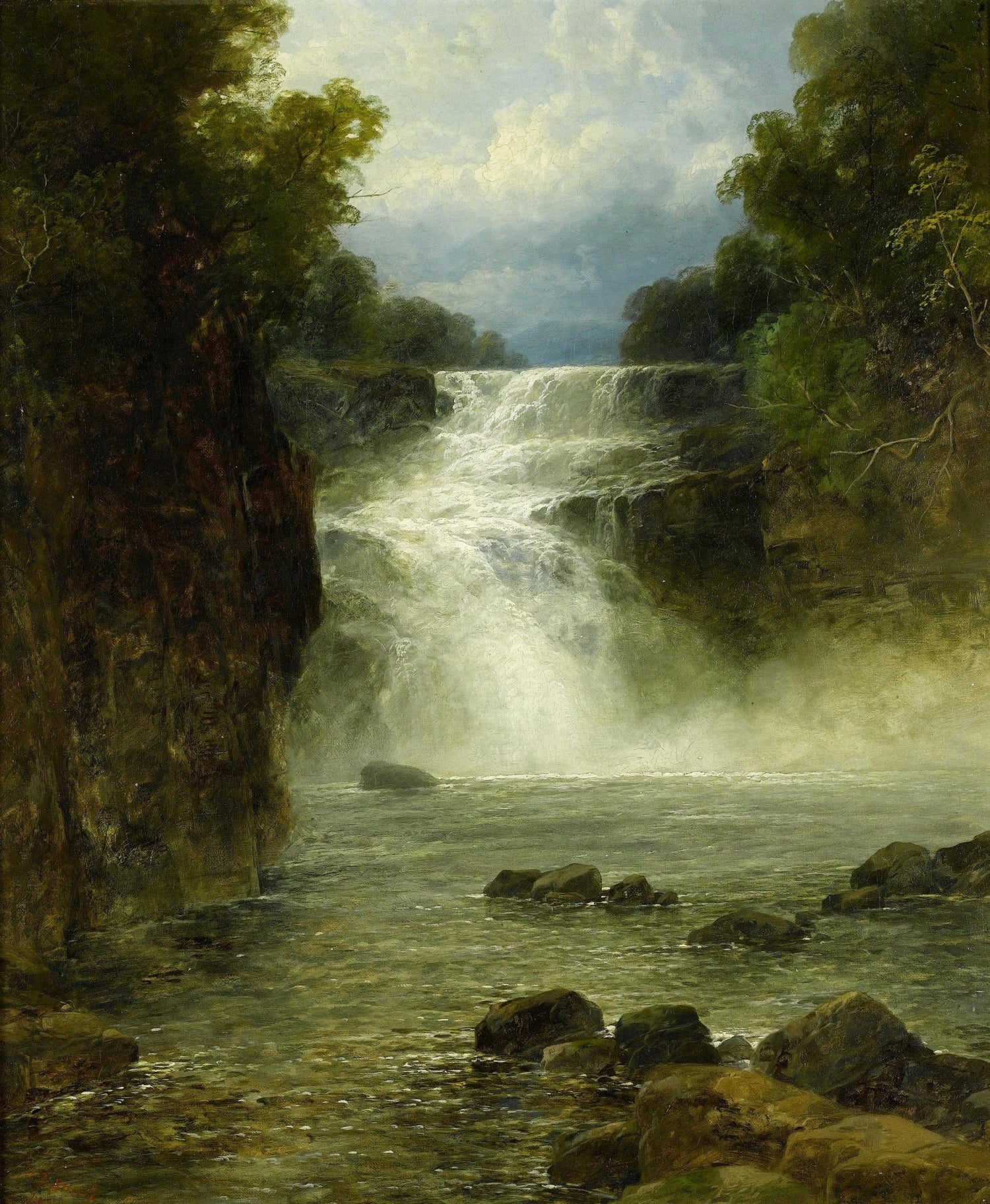 Hand-painted grand waterfall in forest gorge landscape oil painting on canvas