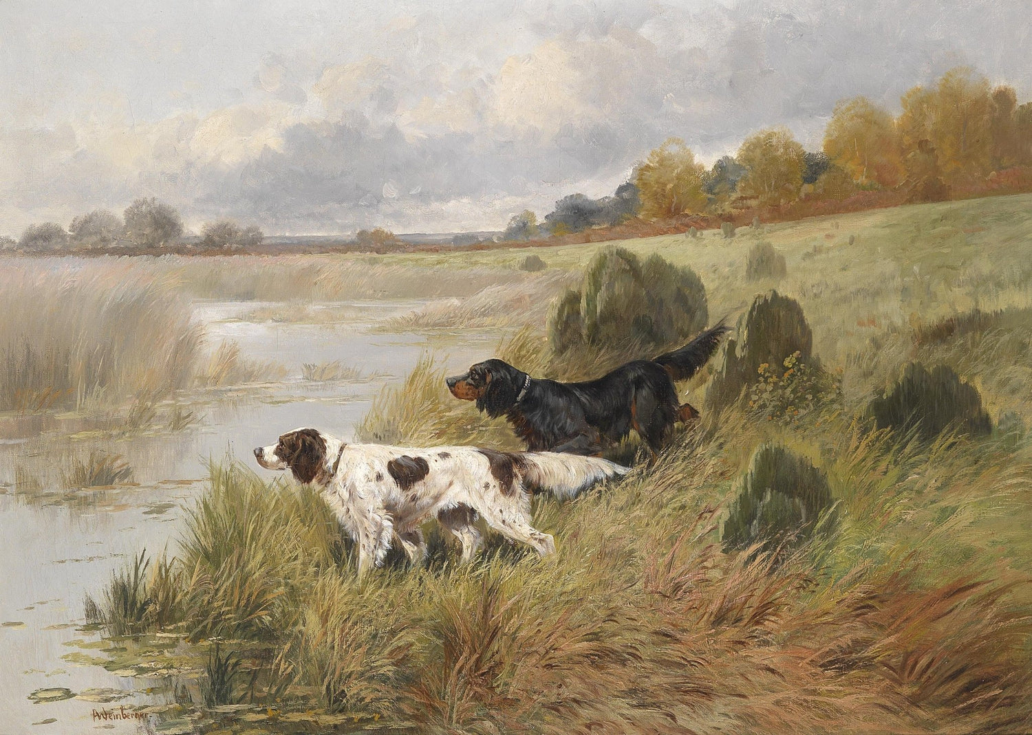 Landscape Oil Painting - Gun Dogs by Rural Pond, Reed Wetland - Oil Painting Haven