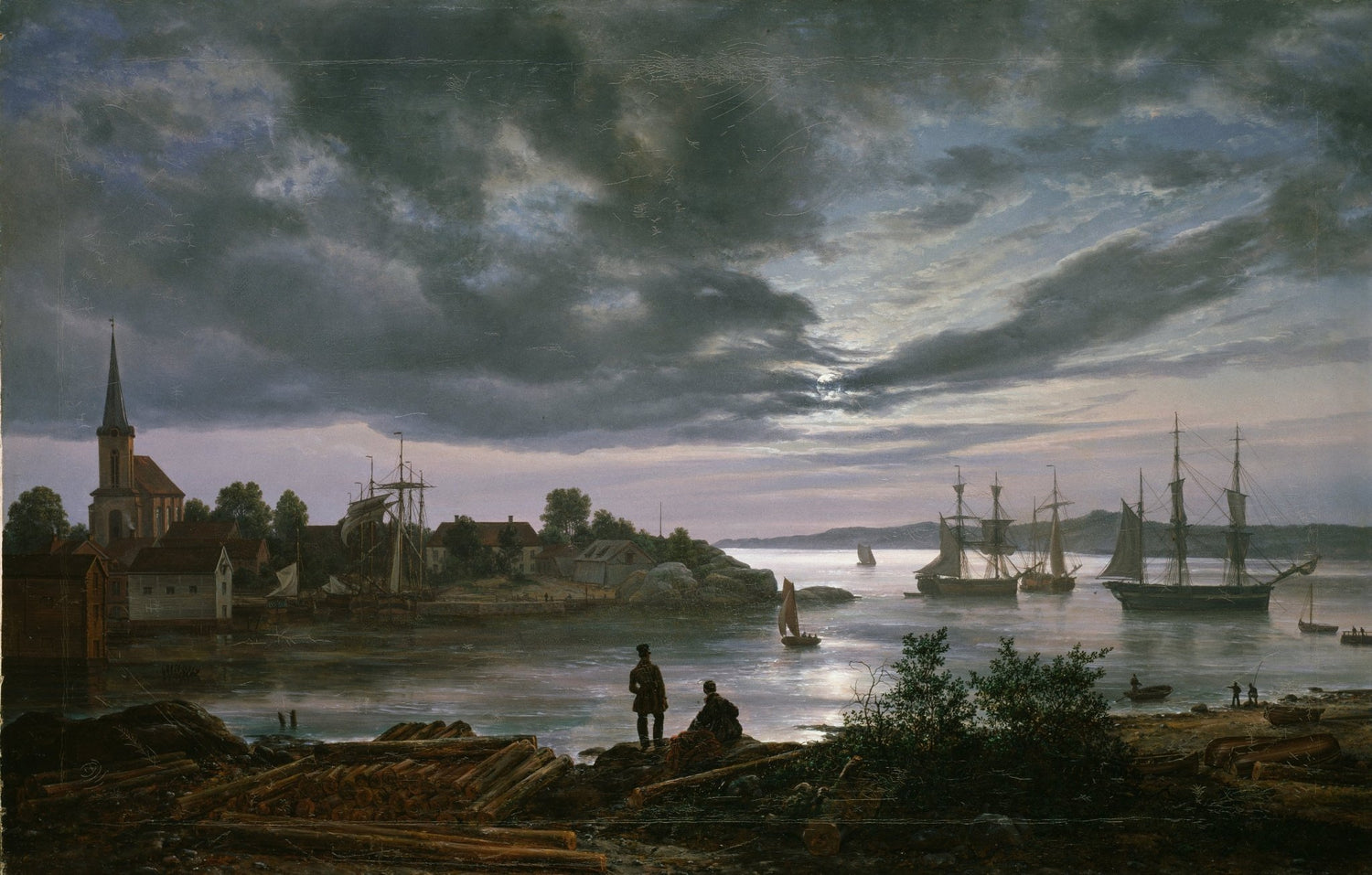 Hand painted landscape oil painting of a dusk harbor with sailing ships, textured brushwork in dark blues and grays on canvas. - Add Frame, Boat, Canvas, Coastal, Figure, Hand Painted, Harbor, Landscape, Made To Order, Oil Painting, Seascape, Sunset