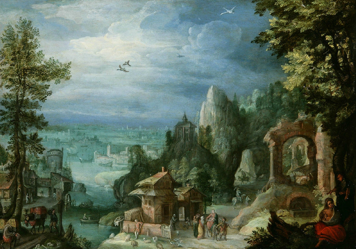 Hand-painted harbor city with ruins and cliffs landscape oil painting on canvas