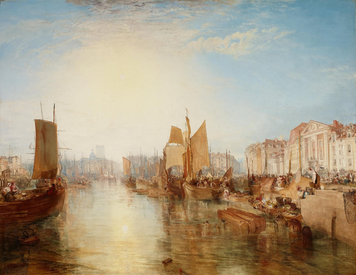 Hand painted oil on canvas landscape oil painting of a sunlit harbor scene with boats and textured brushwork on water and sky. - Add Frame, Boat, Canvas, Coastal, Figure, Hand Painted, Harbor, Landscape, Made To Order, Oil Painting, Seascape