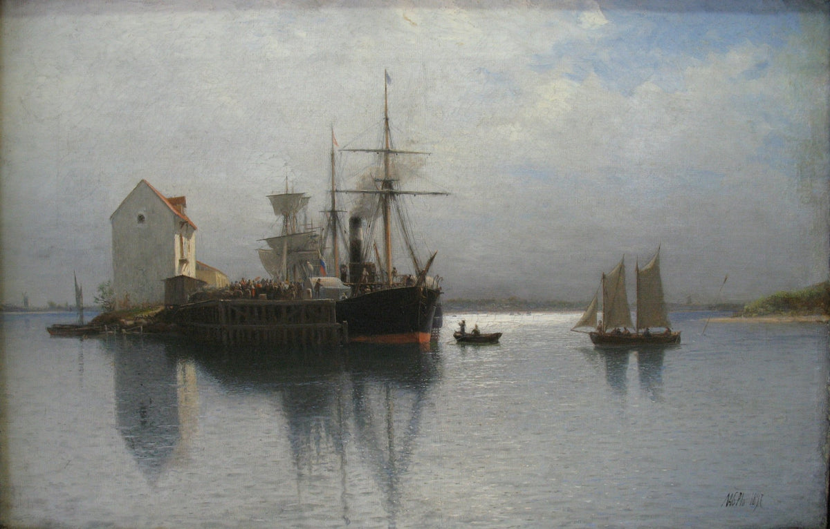 Hand-painted harbor with steamship and sailboats nautical oil painting on canvas