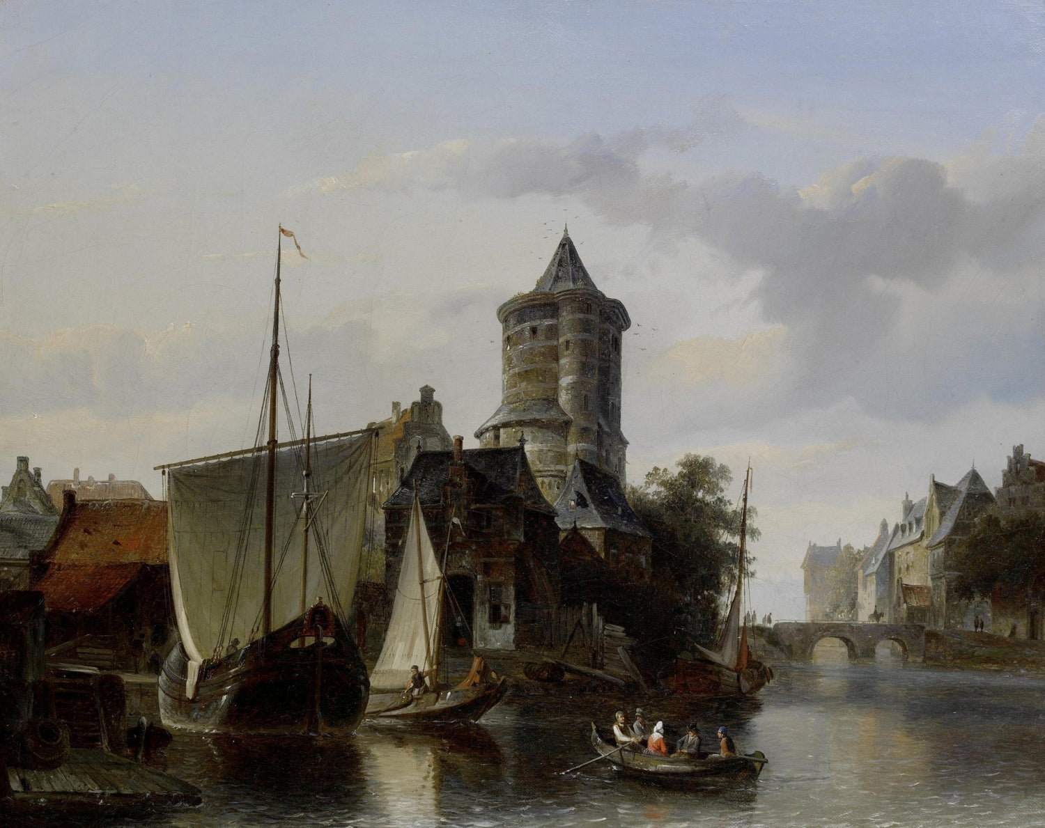Hand-painted harbor tower and boats on quiet canal landscape oil painting on canvas