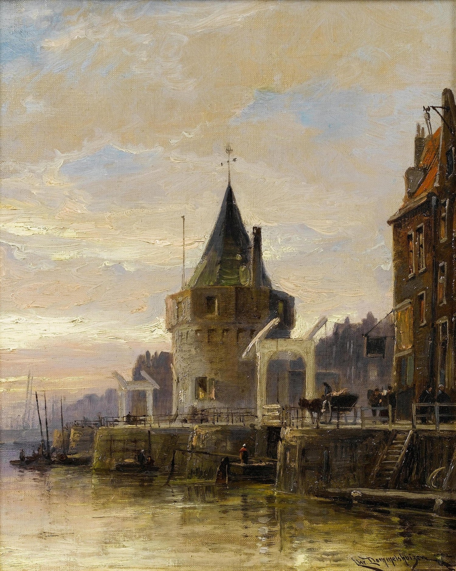 Hand-painted harbor tower at sunset canal view landscape oil painting on canvas