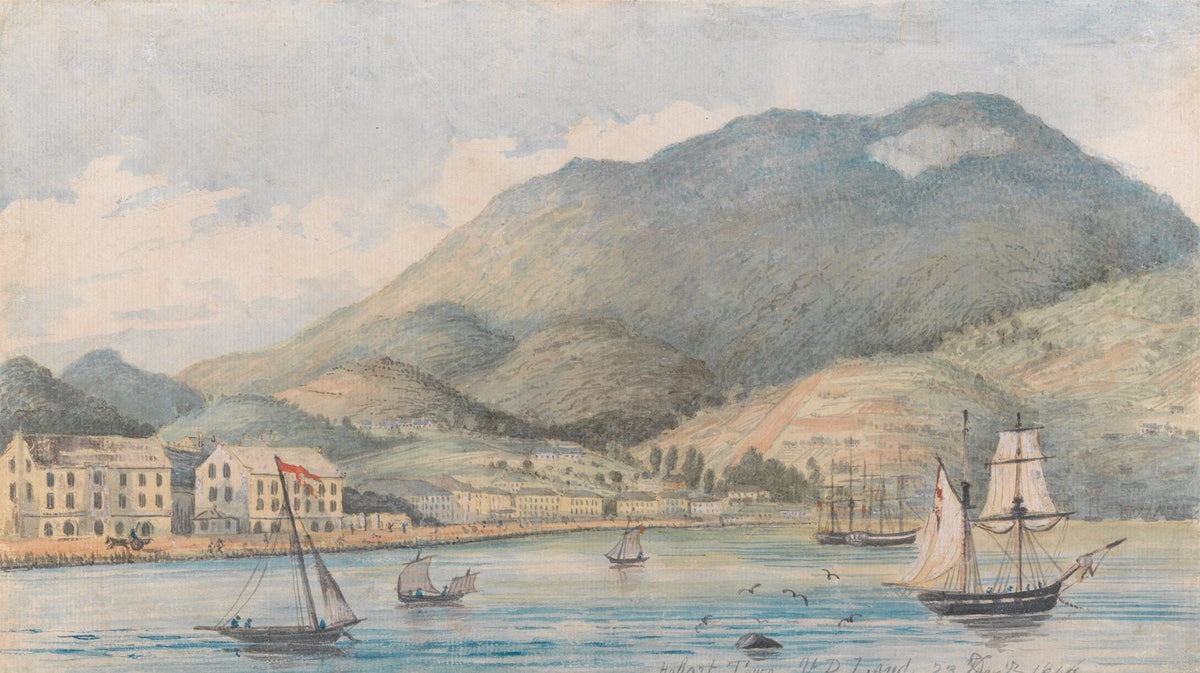 Hand-painted harbor town with sailboats and mountains landscape oil painting on canvas