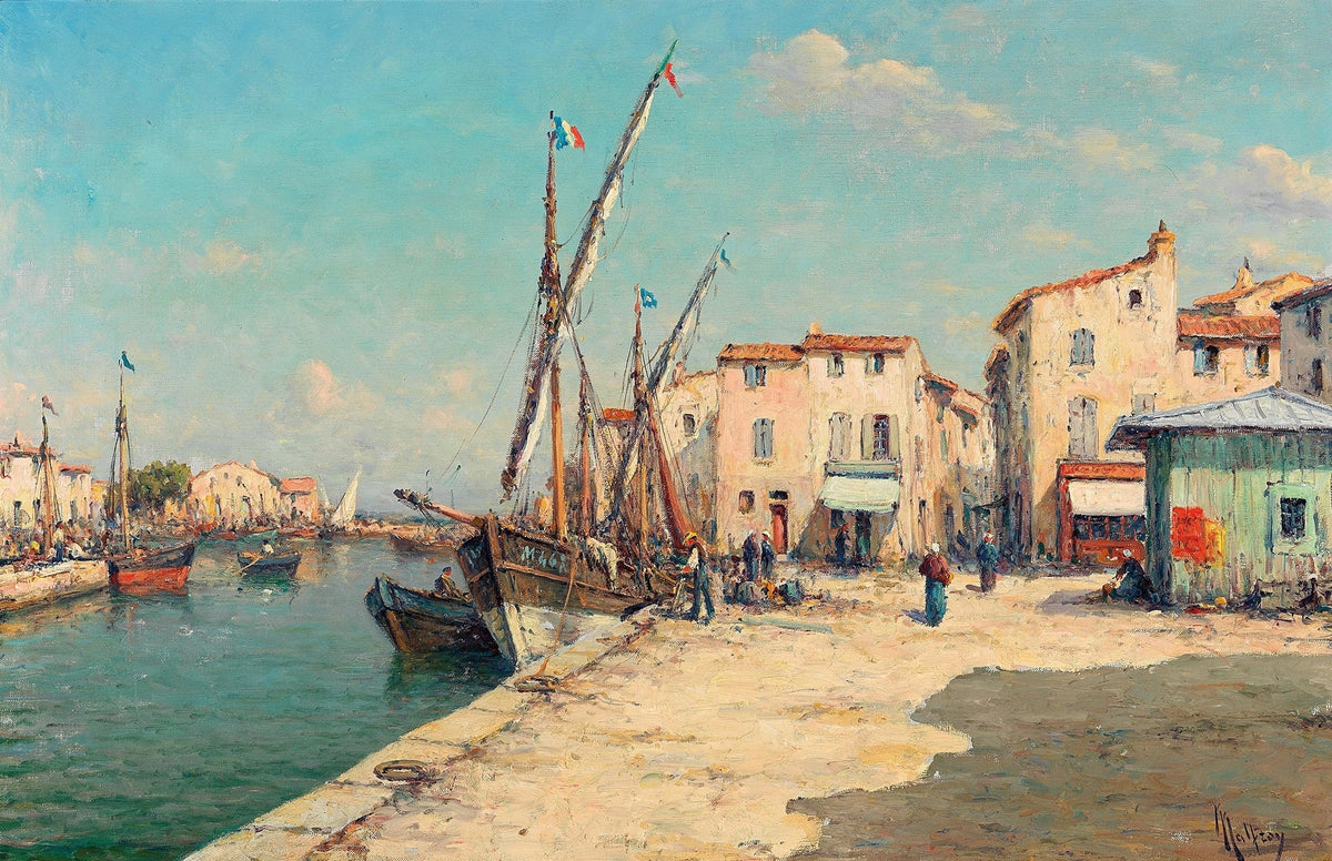 Hand-painted harbor village with fishing boats landscape oil painting on canvas
