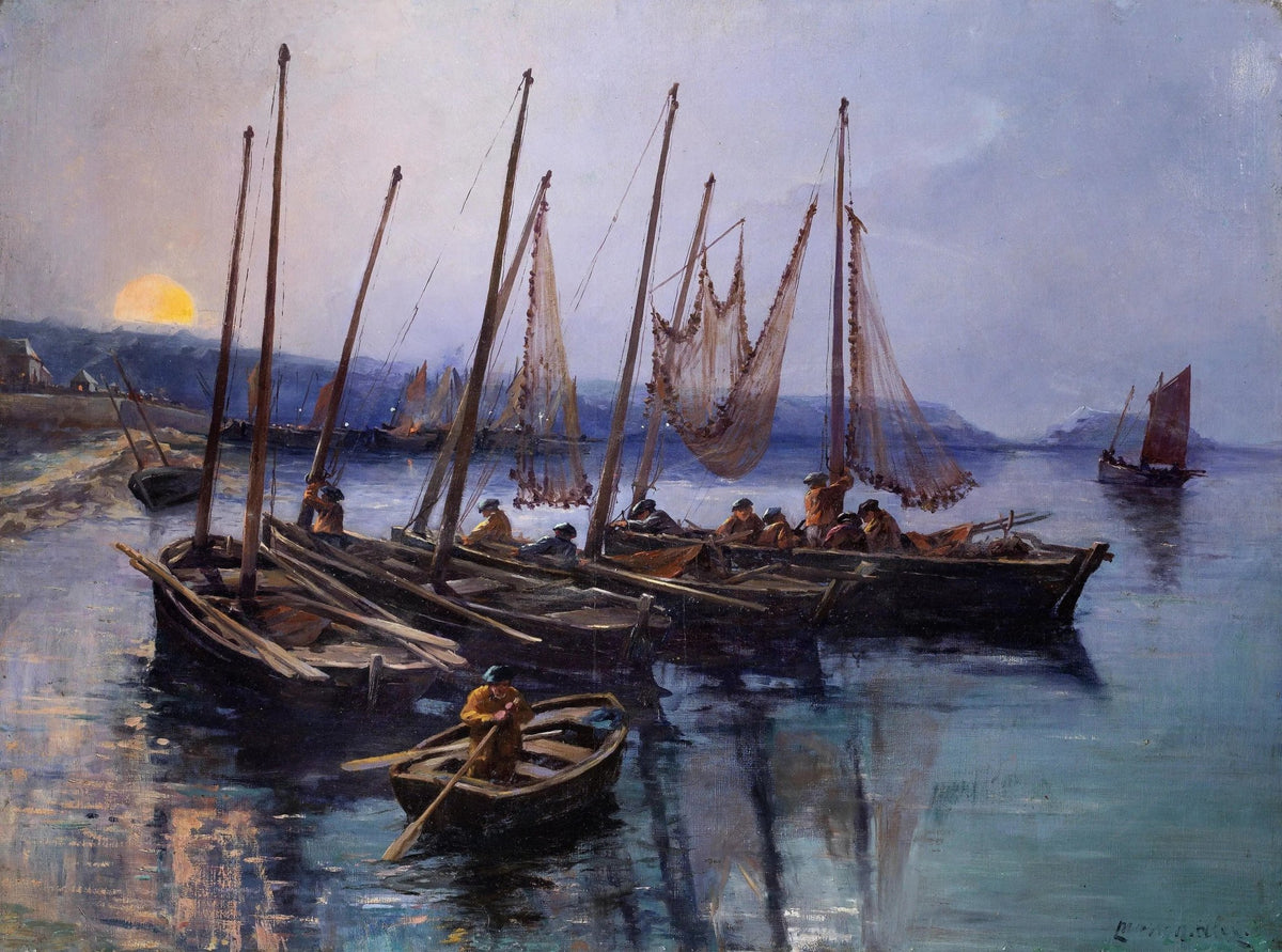 Hand painted landscape oil painting with boats and figures in harbor at sunset, textured brushwork on canvas. - Add Frame, Boat, Canvas, Figure, Hand Painted, Harbor, Landscape, Made To Order, Oil Painting, Seascape, Sunset