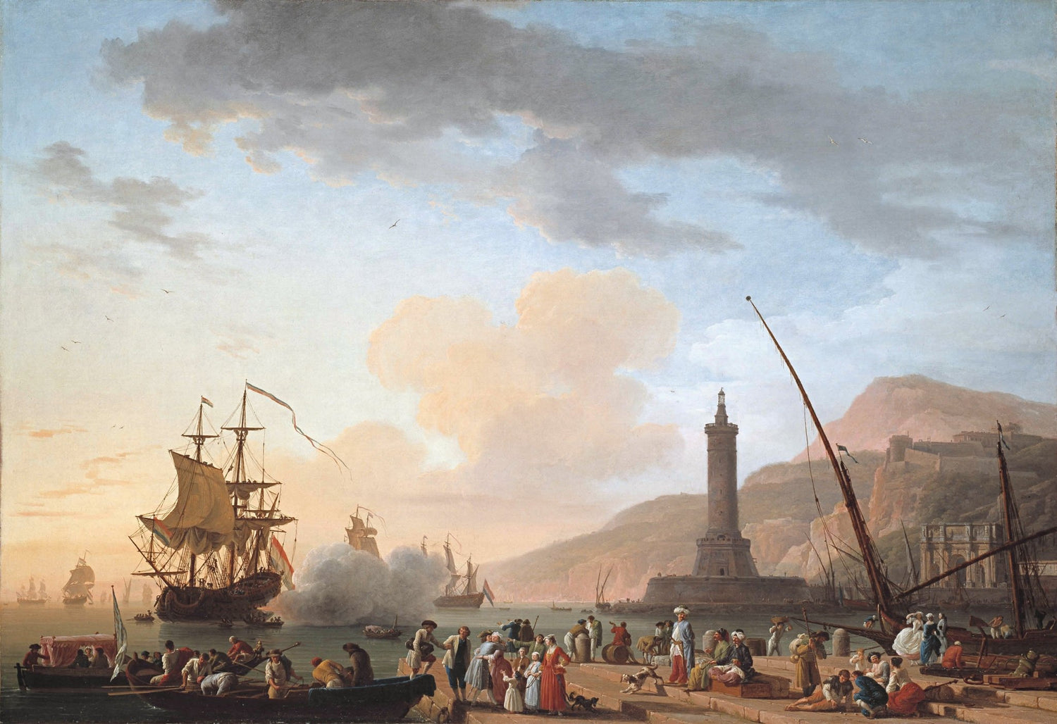 Hand-painted harbor with lighthouse and sailing ships landscape oil painting on canvas
