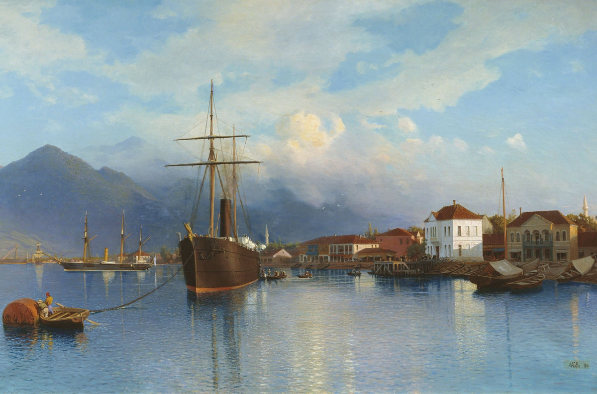 Hand-painted harbor with steamship and coastal town nautical oil painting on canvas