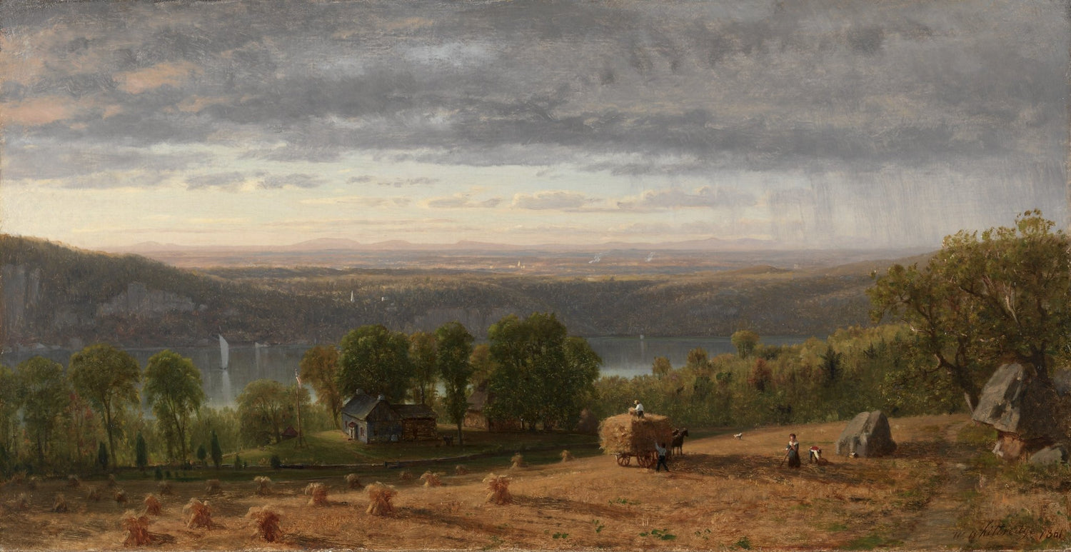 Hand-painted harvest field by the lake before rain landscape oil painting on canvas