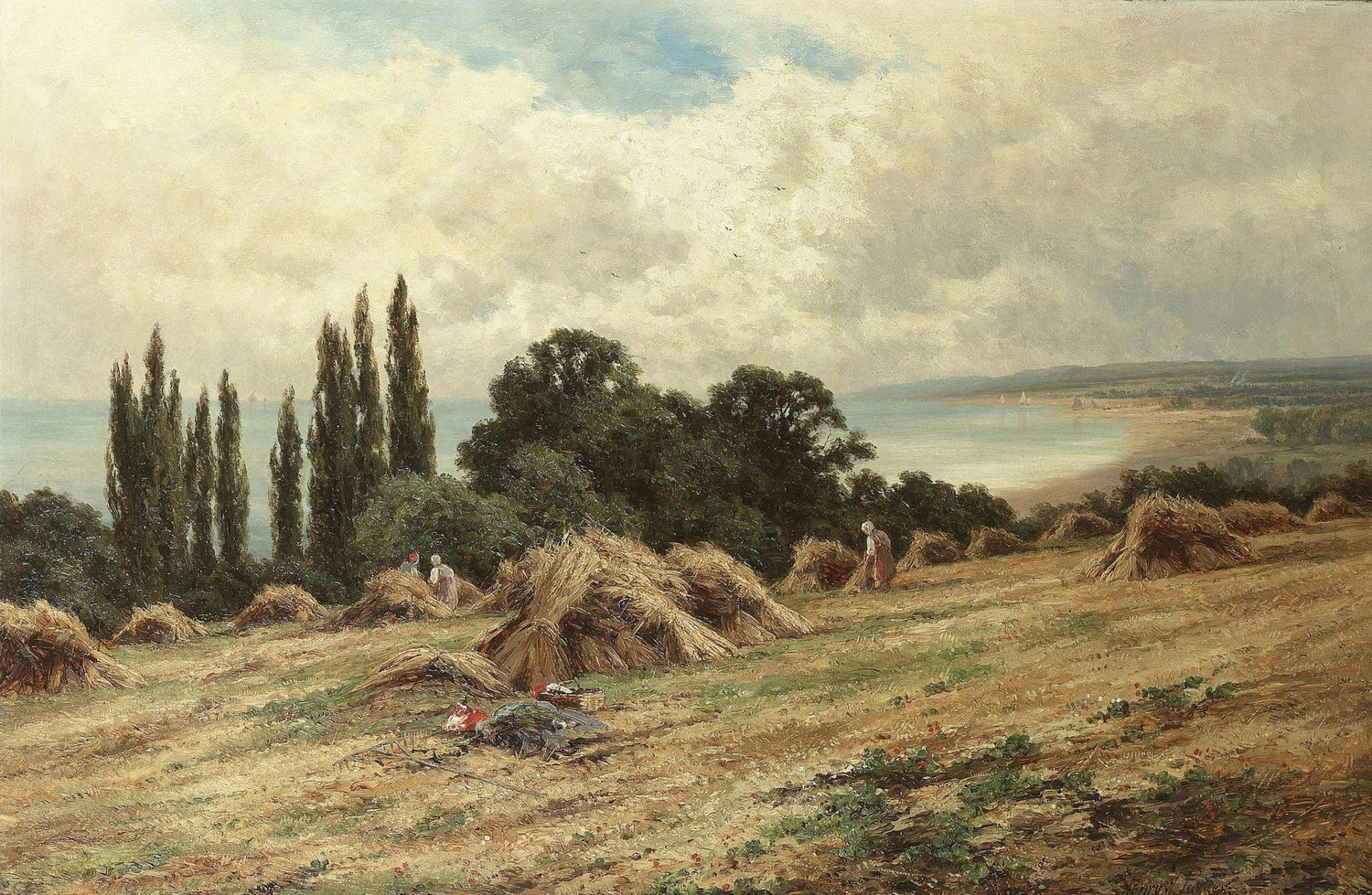 Hand-painted harvest field, poplars and lake landscape oil painting on canvas