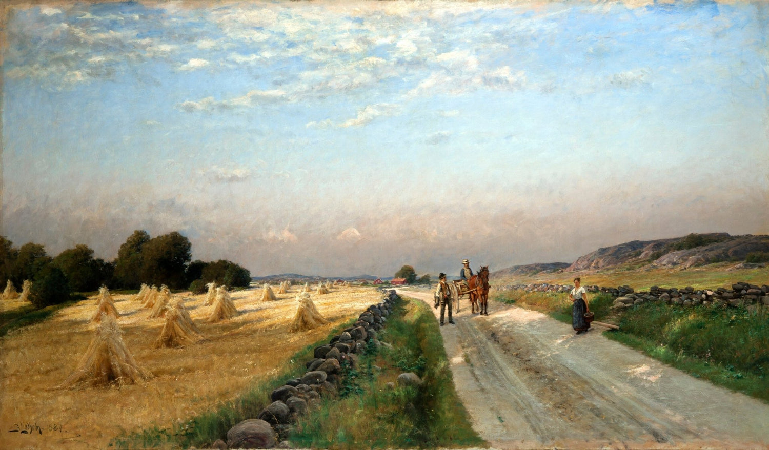 Hand-painted harvest field road with horse cart landscape oil painting on canvas
