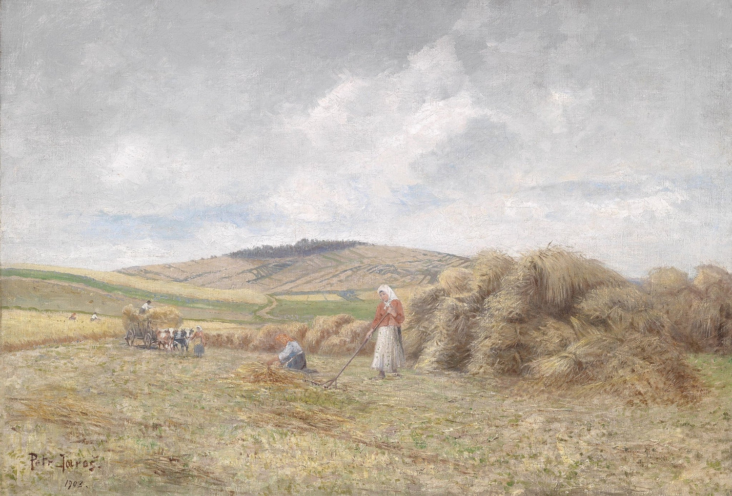 Hand-painted harvest field with haystacks and figure landscape oil painting on canvas
