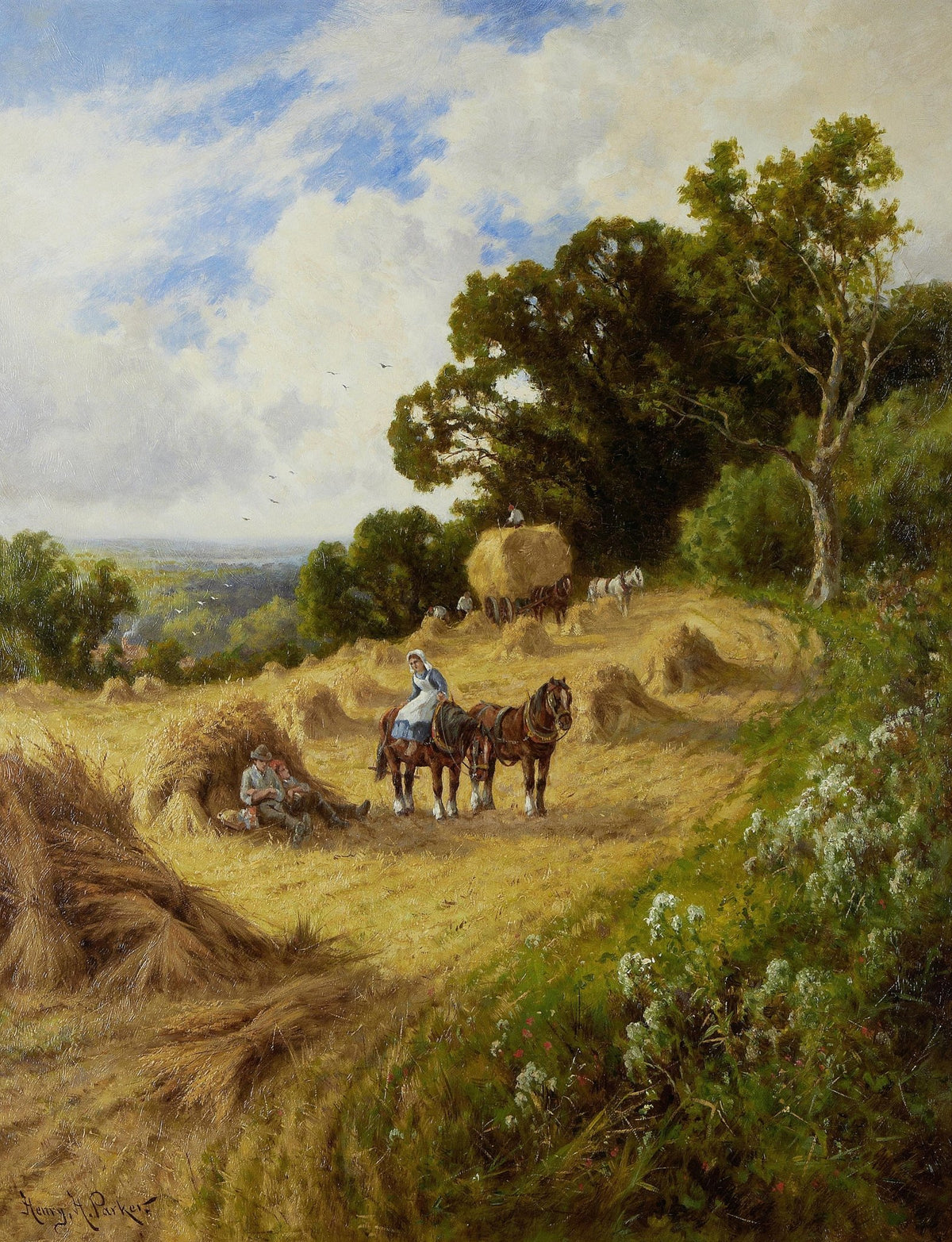 Hand-painted harvest field with horses and haycart landscape oil painting on canvas