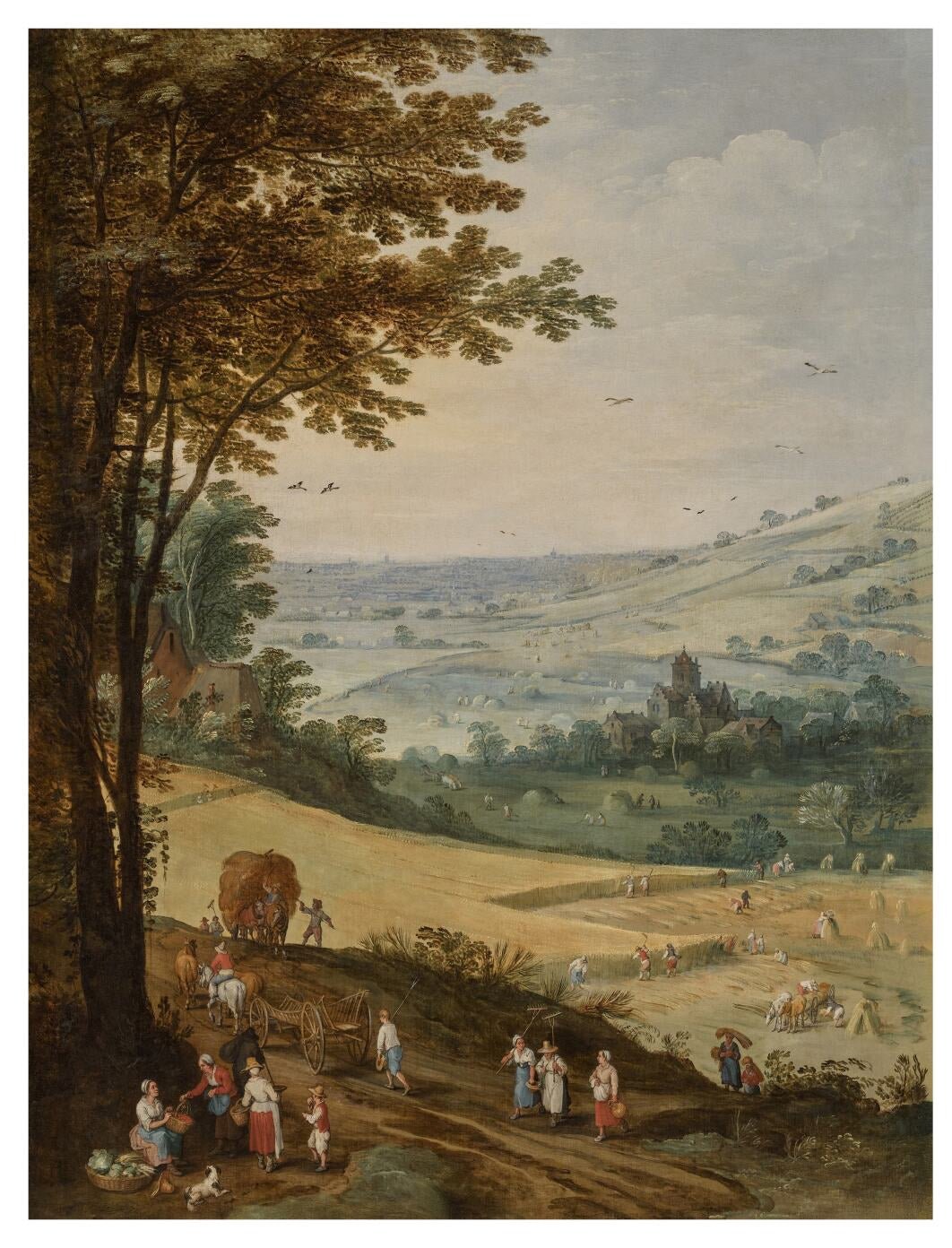 Hand-painted harvest valley with village and figures landscape oil painting on canvas