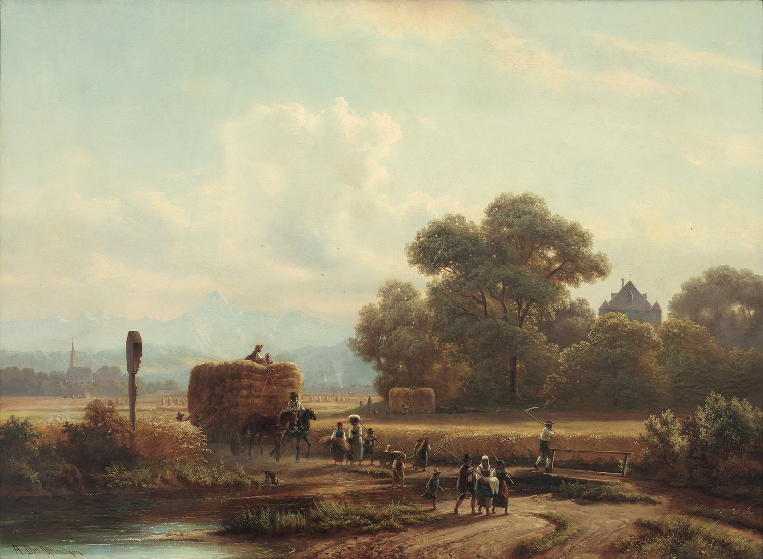 Hand-painted harvest wagon on country road and village landscape oil painting on canvas