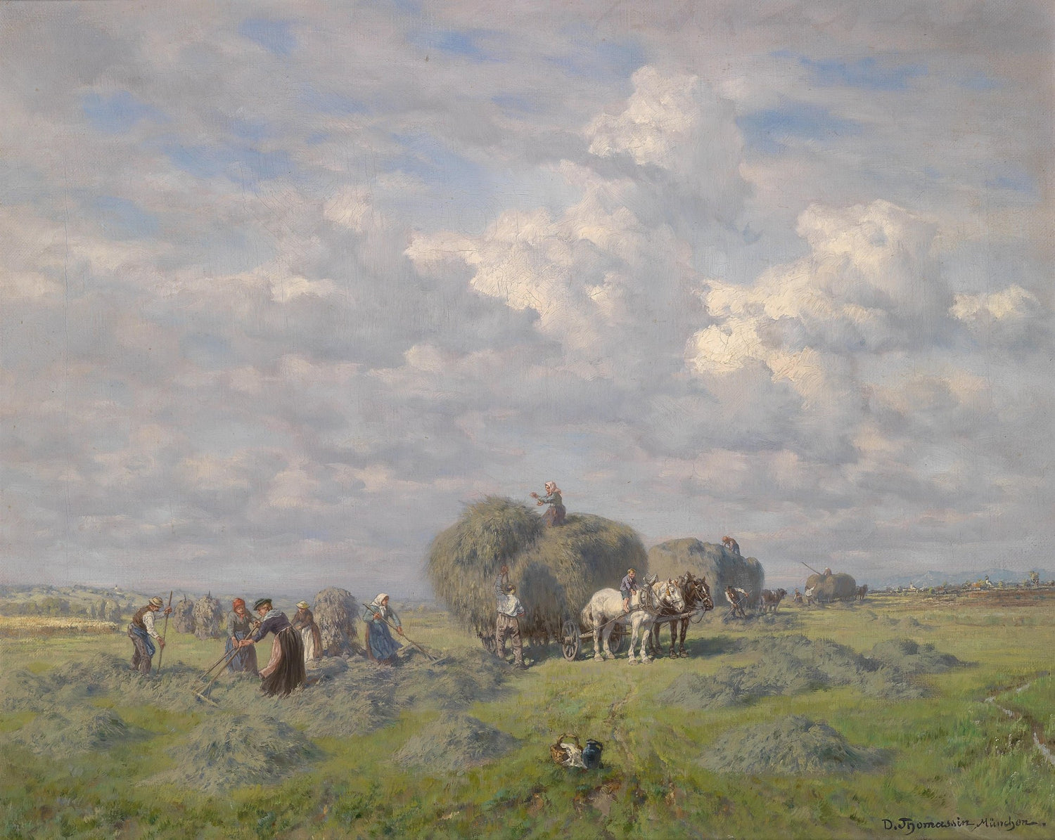 Landscape Oil Painting - Hay Harvest in Field: Farmers & Cloudy Sky - Oil Painting Haven