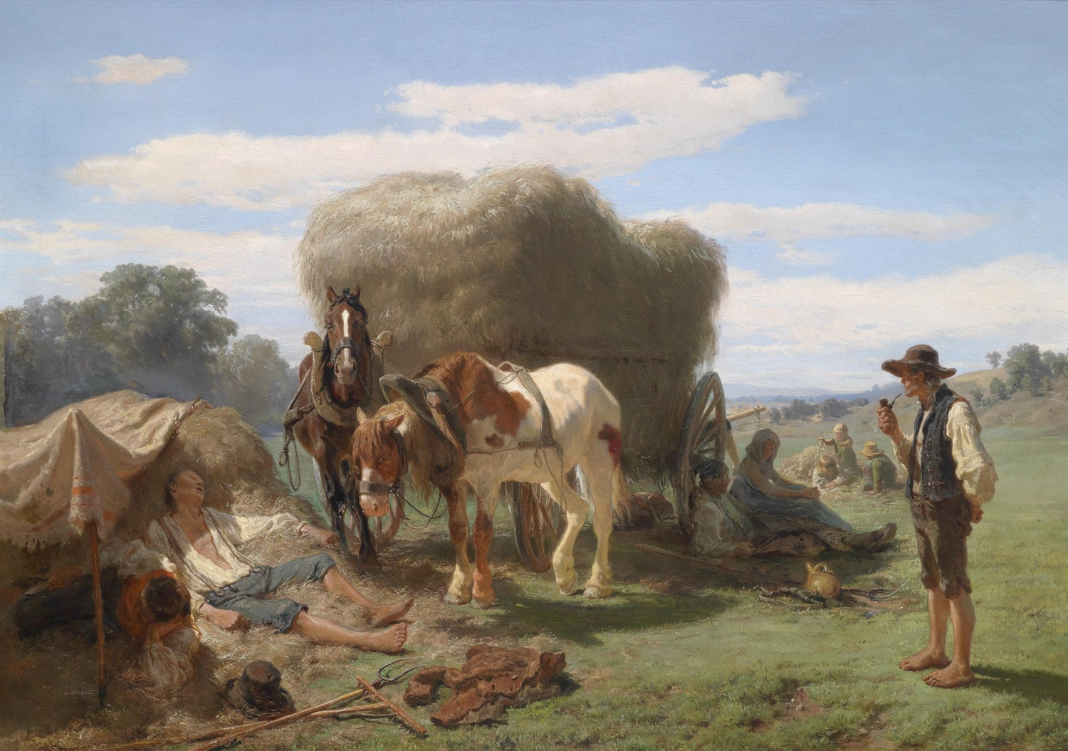 Landscape Oil Painting - Hay Wagon & Farm Workers: Pastoral Rest Scene - Oil Painting Haven