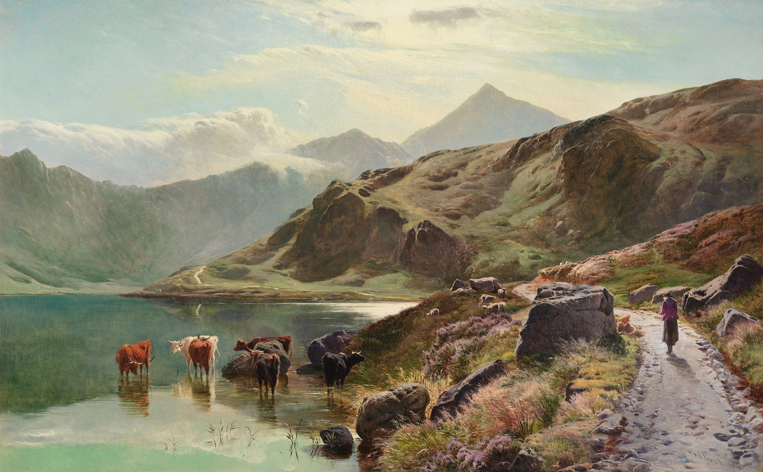 Hand-painted highland lake, cattle and mountain path landscape oil painting on canvas
