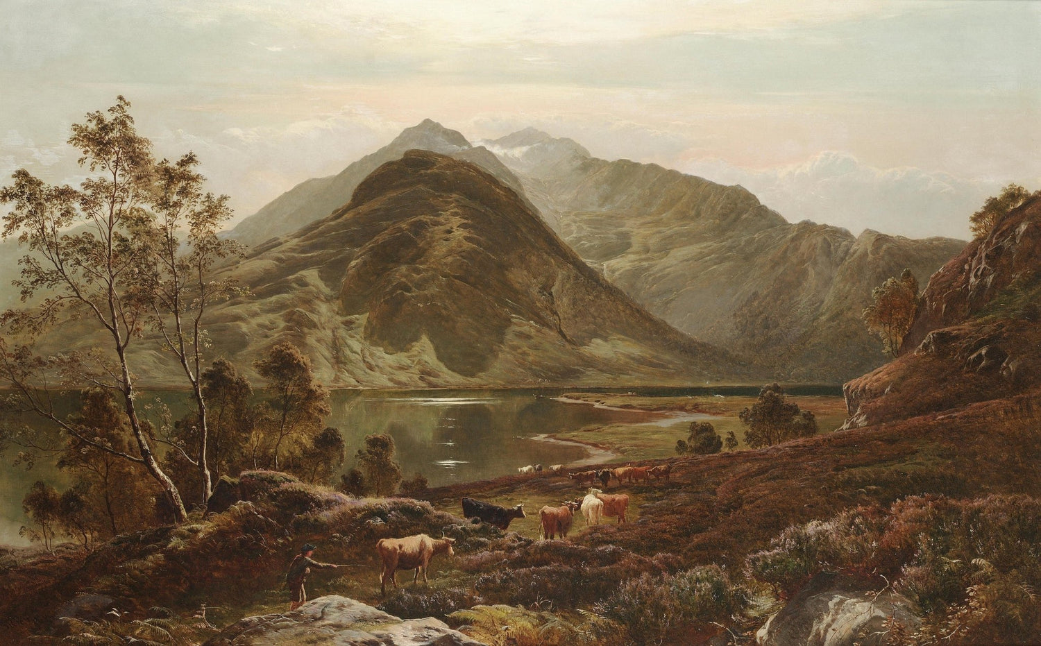 Hand-painted highland lake with cattle and peaks landscape oil painting on canvas