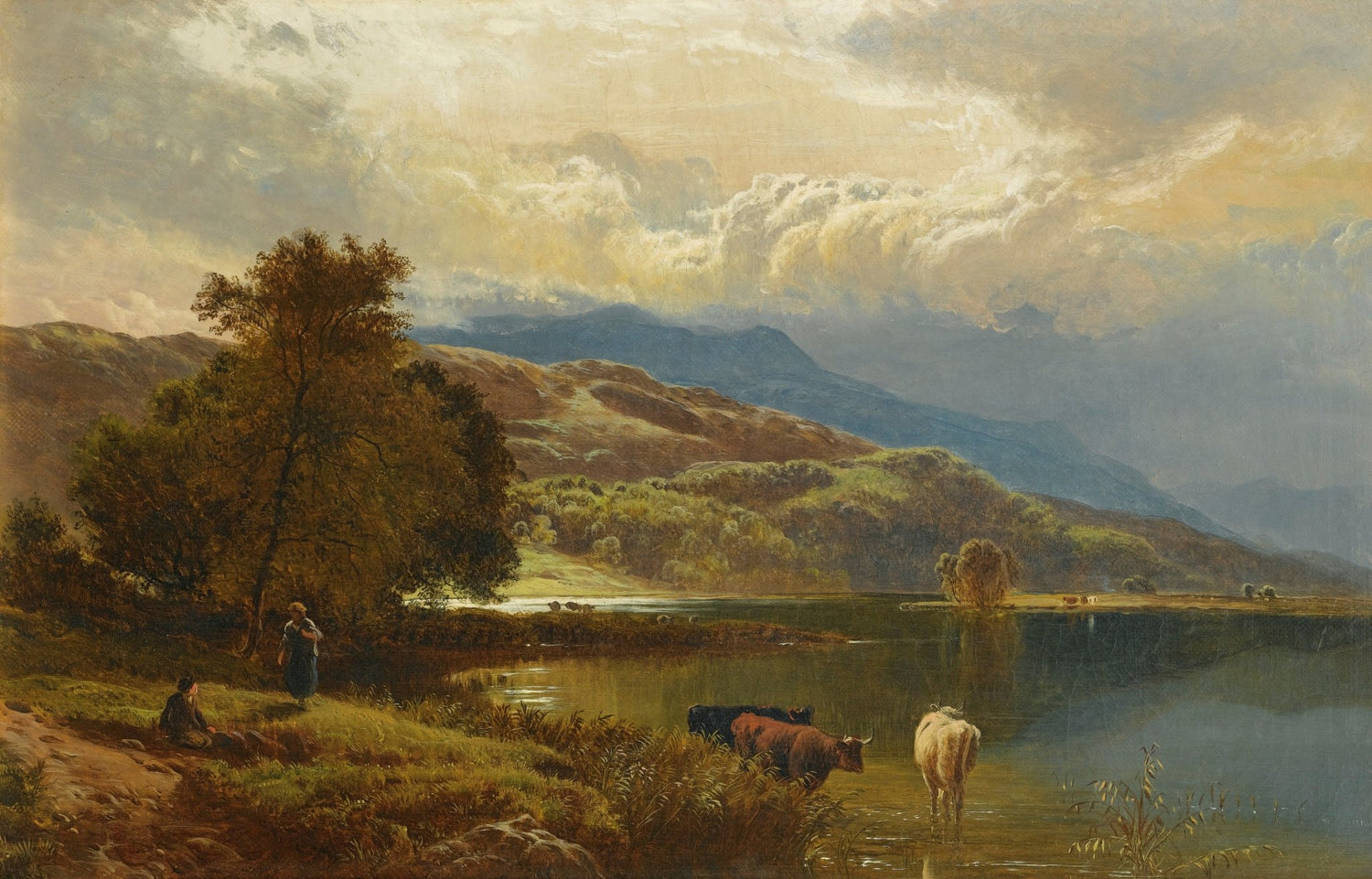 Hand-painted highland lake with cattle at dusk landscape oil painting on canvas
