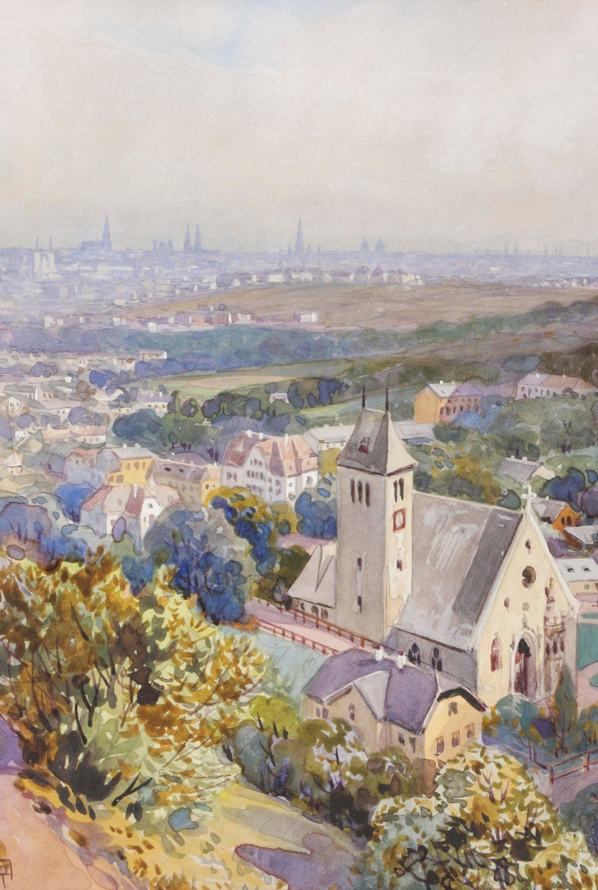 Hand-painted hillside church and city panorama view landscape oil painting on canvas
