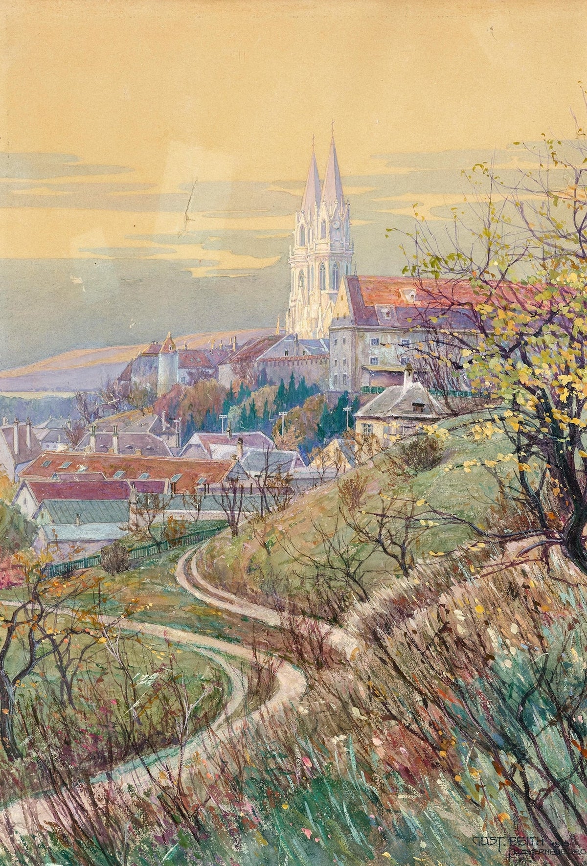 Hand-painted hillside church and village path landscape oil painting on canvas