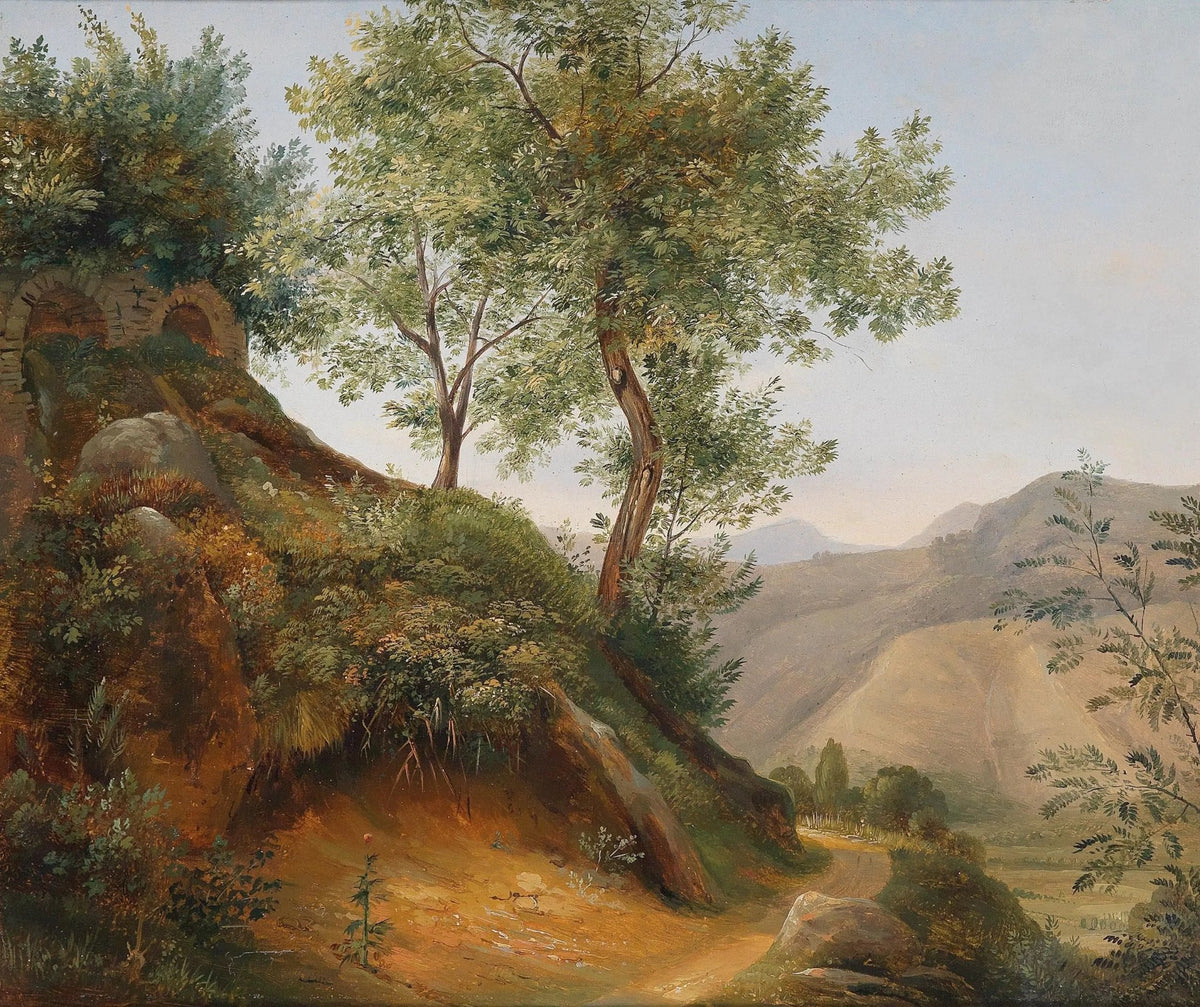 Landscape oil painting with textured brushwork showing a hillside path bordered by green trees and distant mountains, oil on . - Add Frame, Canvas, Forest, Hand Painted, Landscape, Made To Order, Mountain, Oil Painting, Road