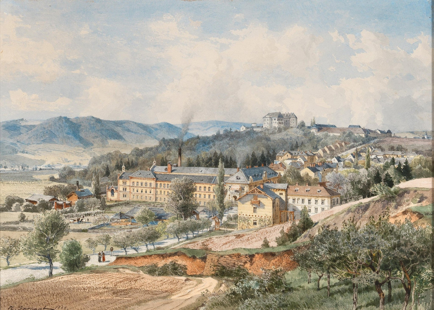 Hand-painted hillside village with manor view landscape oil painting on canvas