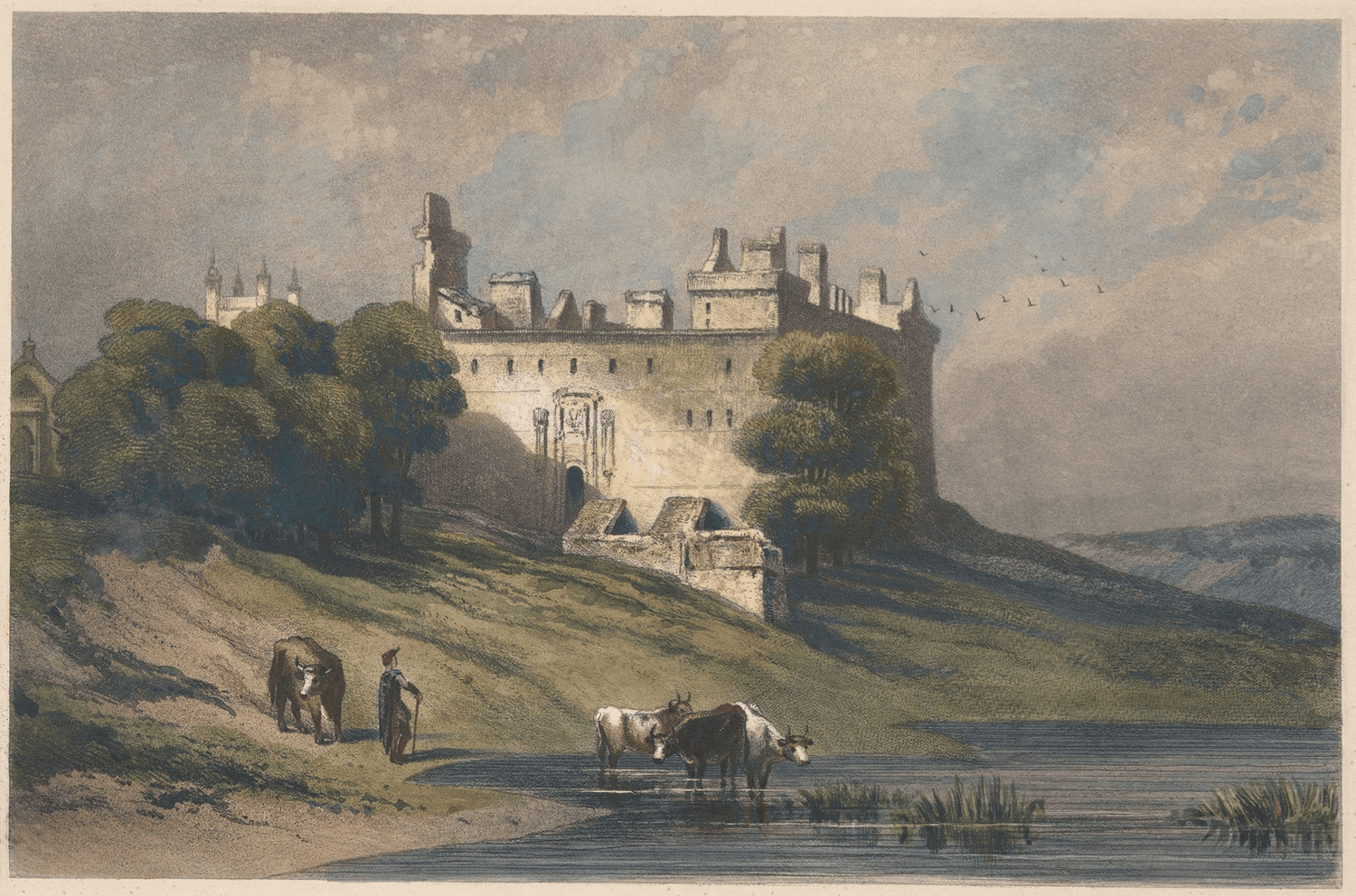 Hand-painted hilltop castle and cattle by the lake landscape oil painting on canvas
