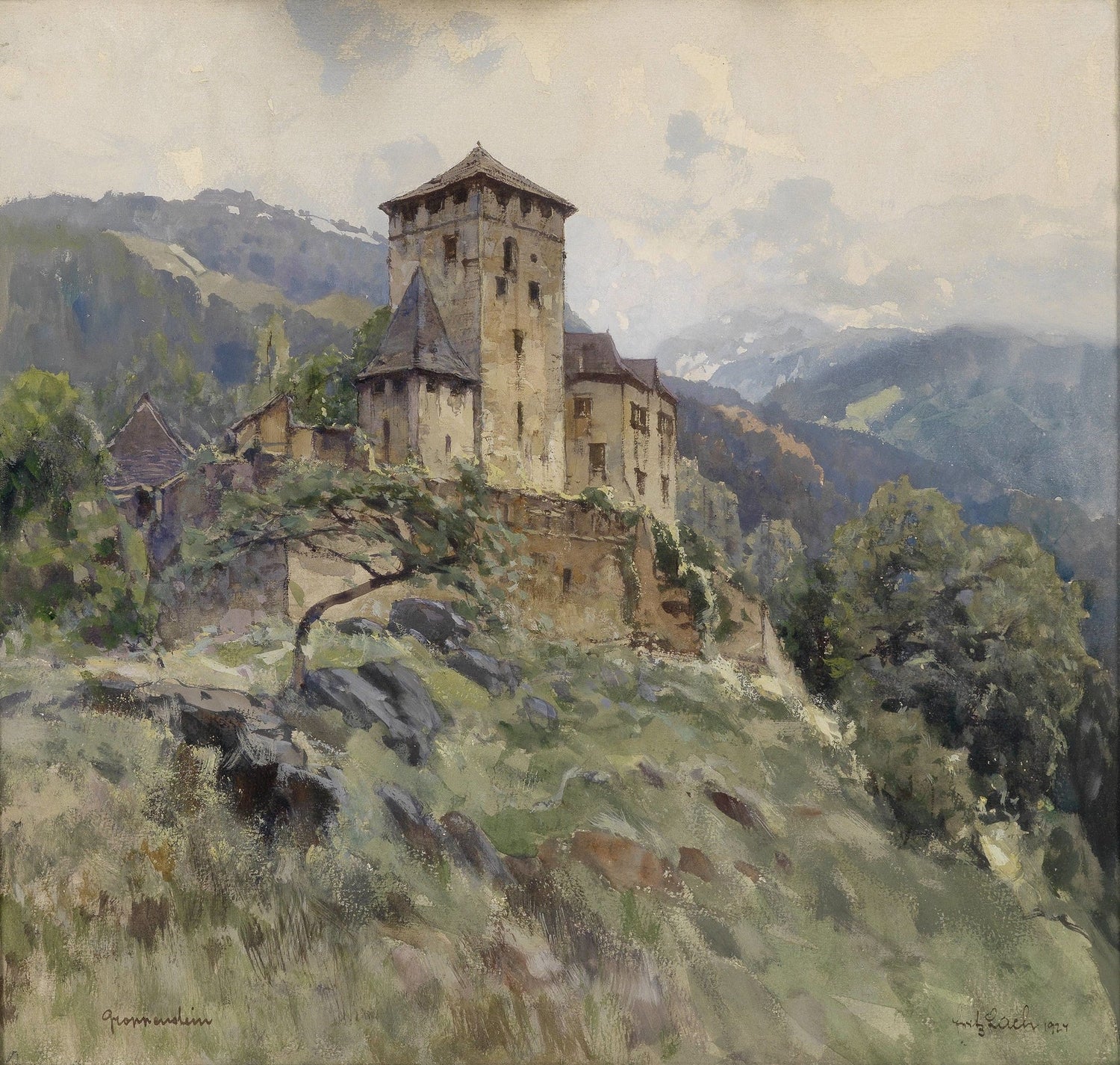 Hand-painted hilltop castle in mountain mist landscape oil painting on canvas