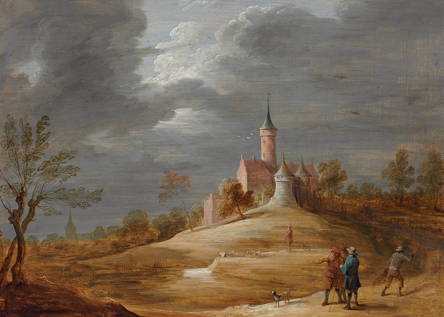 Hand-painted hilltop castle under dramatic clouds landscape oil painting on canvas