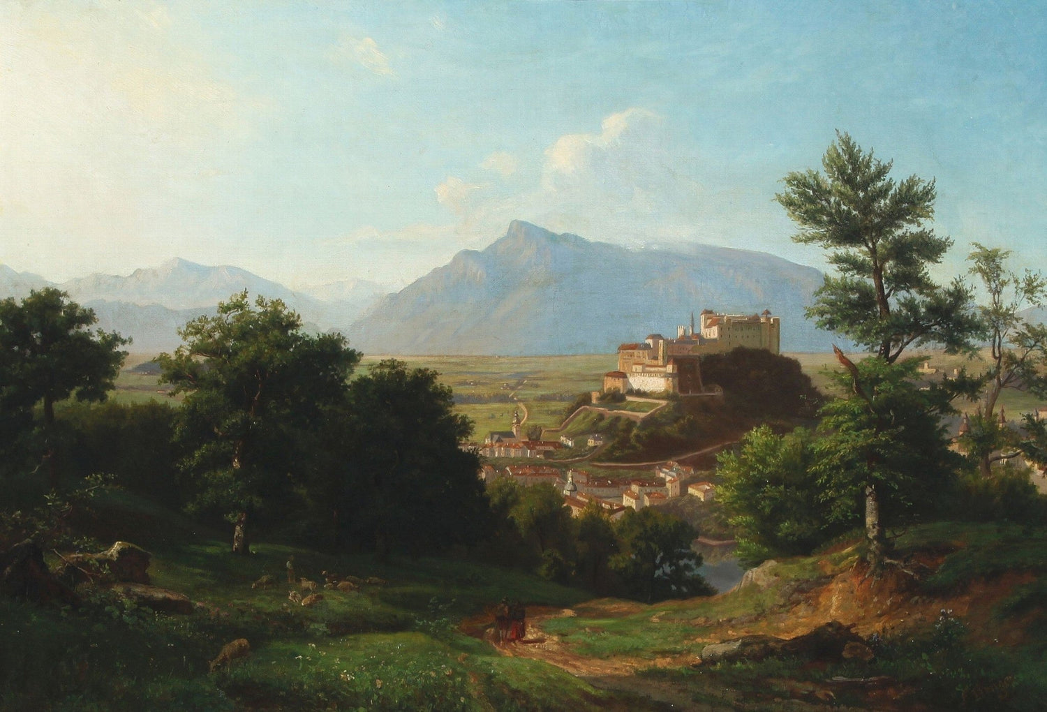 Landscape Oil Painting - Hilltop Castle & Valley Town & Path Figures - Oil Painting Haven