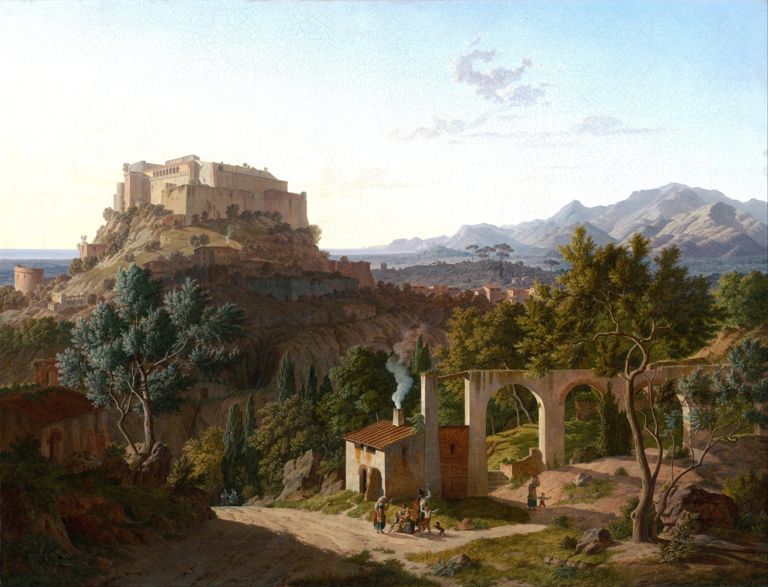 Landscape oil painting of a hilltop castle with figures near stone arches, hand painted oil on canvas with textured. - Add Frame, Architecture, Canvas, Castle, Figure, Hand Painted, Landscape, Made To Order, Mountain, Oil Painting