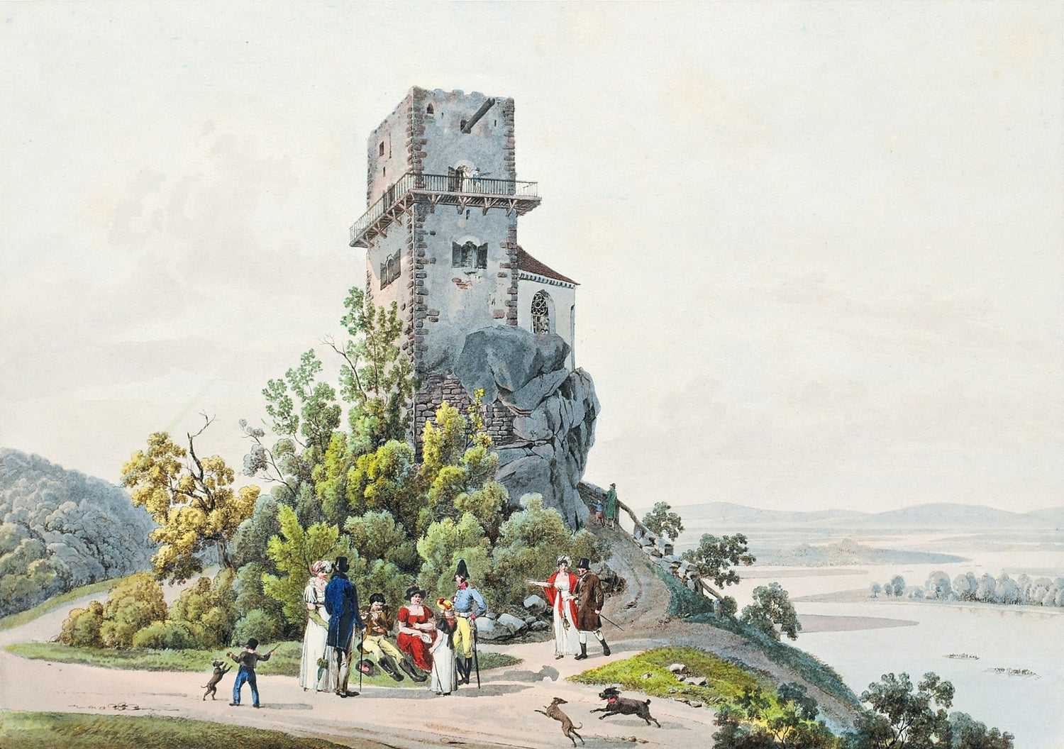 Landscape oil painting with a stone hilltop tower, figures walking a path, oil on canvas with textured brushwork and hand. - Add Frame, Architecture, Canvas, Country, Figure, Hand Painted, Landscape, Made To Order, Oil Painting, Road