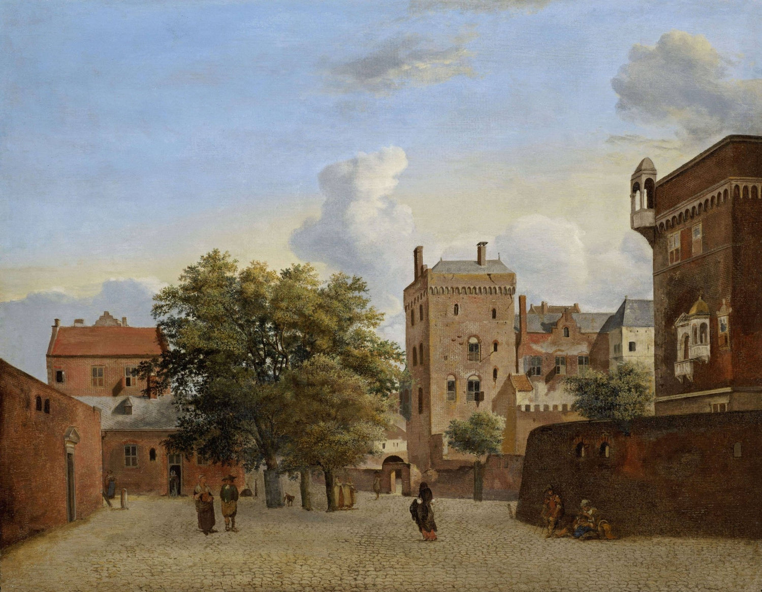 Hand-painted historic brick courtyard town scene landscape oil painting on canvas