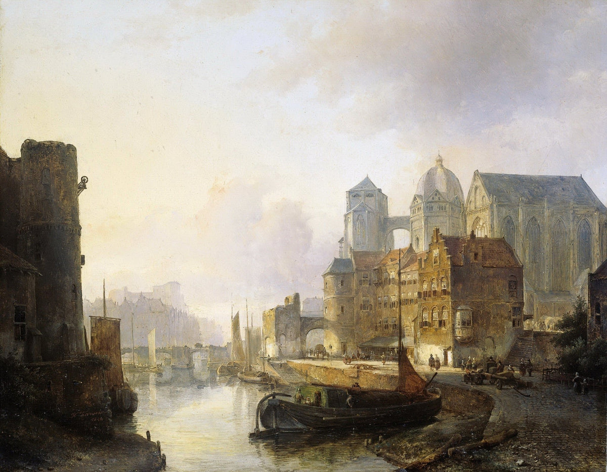 Landscape oil painting depicting historic canal city with cathedral and boats, textured brushwork, oil on canvas. - Add Frame, Architecture, Boat, Canal, Canvas, Church, Hand Painted, Landscape, Made To Order, Oil Painting, Venice