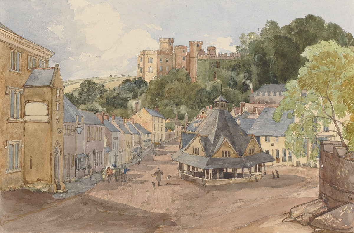Hand-painted historic castle village market view landscape oil painting on canvas