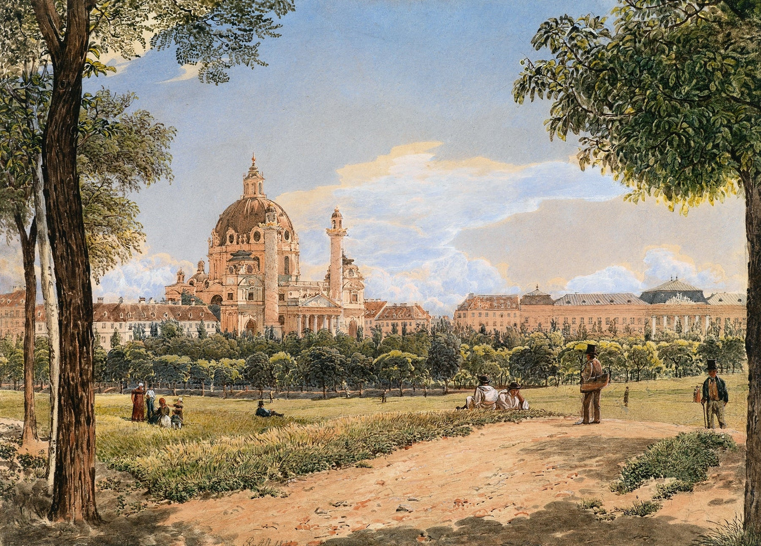 Hand-painted historic cathedral and park cityscape landscape oil painting on canvas