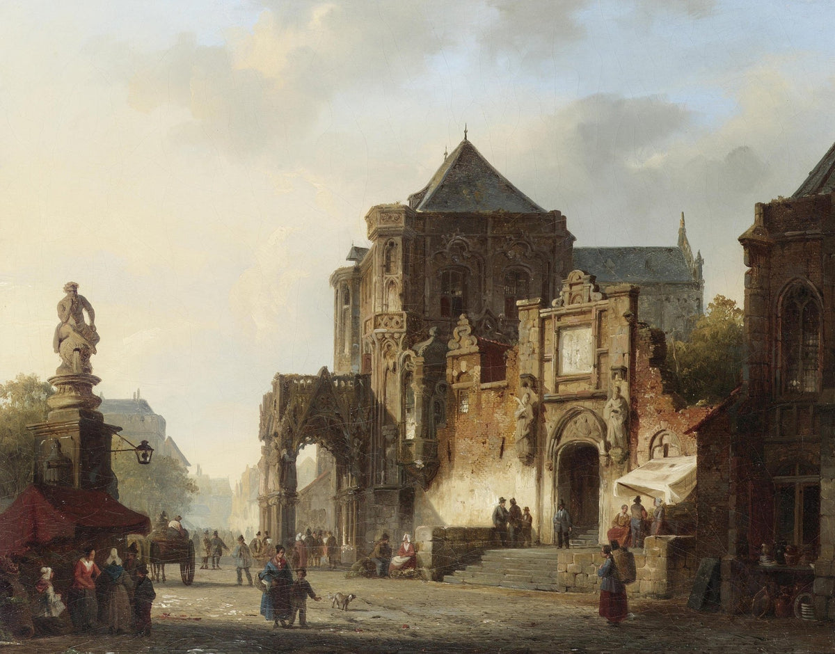 Hand-painted historic cathedral square with figures landscape oil painting on canvas