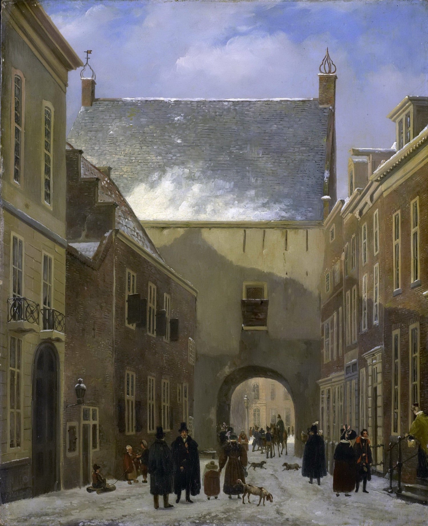 Hand painted oil on canvas landscape oil painting of historic city gate street in winter with textured brushwork and figures . - Add Frame, Canvas, Figure, Hand Painted, Landscape, Made To Order, Oil Painting, Winter