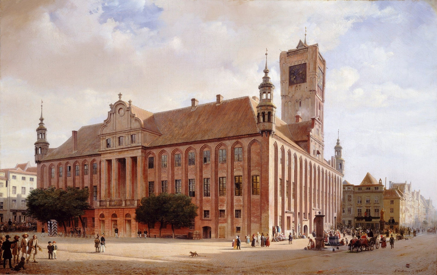 Historic city square with clock tower, hand painted landscape oil painting on canvas, textured brushwork, warm earth tones. - Add Frame, Architecture, Canvas, Figure, Hand Painted, Landscape, Made To Order, Oil Painting