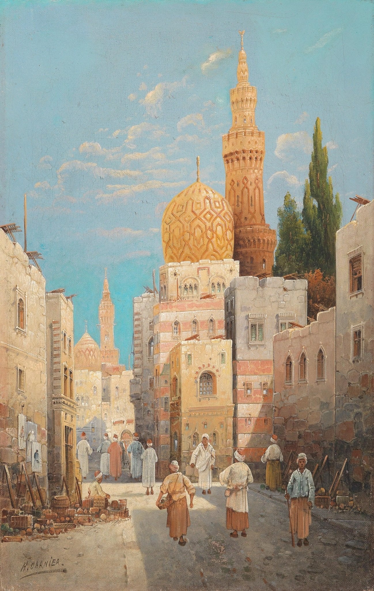Hand-painted historic city street with golden minarets landscape oil painting on canvas