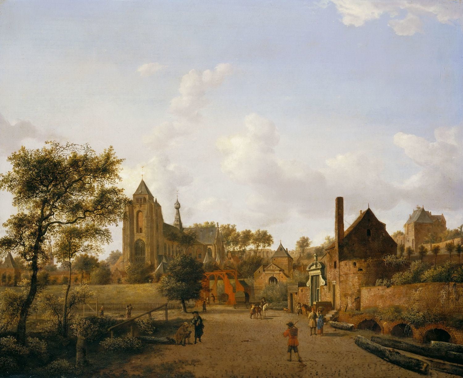 Hand-painted historic dutch town with church view landscape oil painting on canvas