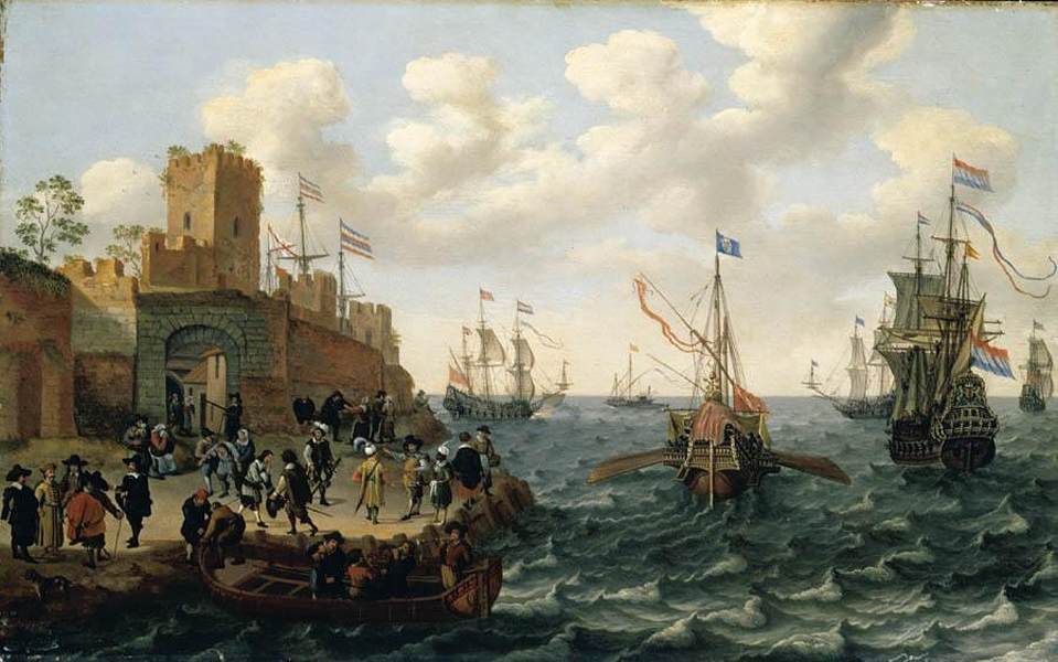 Hand-painted historic harbor gate and sailing fleet landscape oil painting on canvas